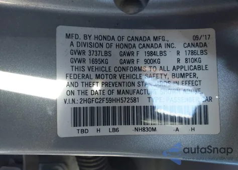 2017 Honda Civic Lx from USA, damaged, VIN 2HGFC2F59HH572581